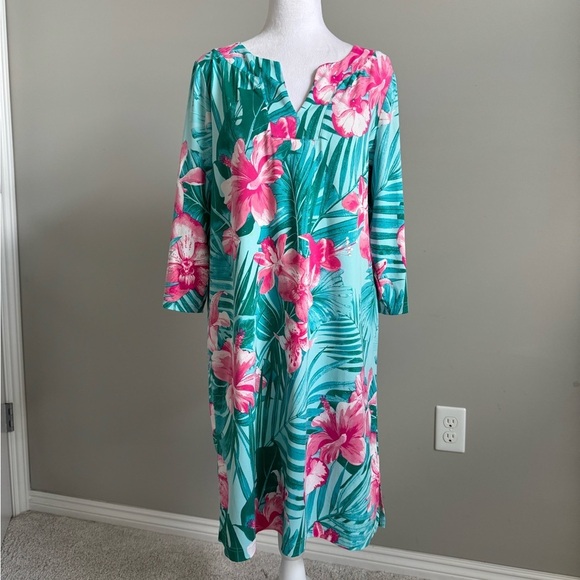 Caribbean Joe Blue and Pink Tropical Hibiscus Dress Medium - Picture 1 of 9